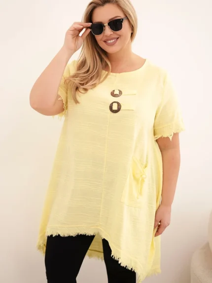 Sukienka damska bawełniana Plus Size z dłuższym tyłem i kieszenią żółta