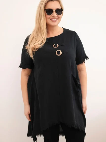 Sukienka damska bawełniana Plus Size z dłuższym tyłem i kieszenią czarna