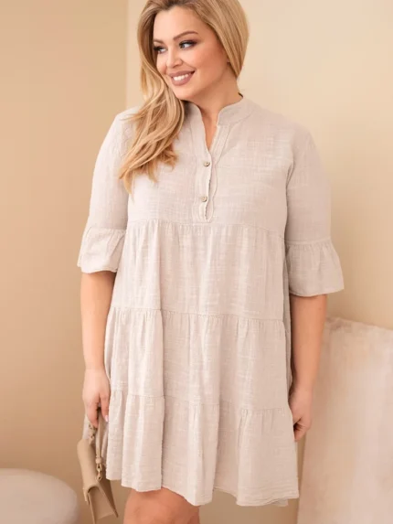 Sukienka damska bawełniana Plus Size z falbanami beżowa
