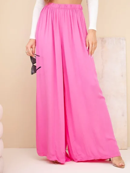 Spodnie damskie wiskozowe szerokie z gumką w pasie różowe