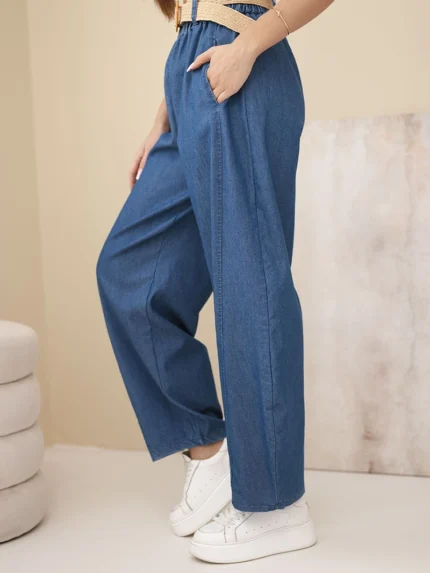 Spodnie damskie z szeroką nogawką i paskiem ciemno jeansowe
