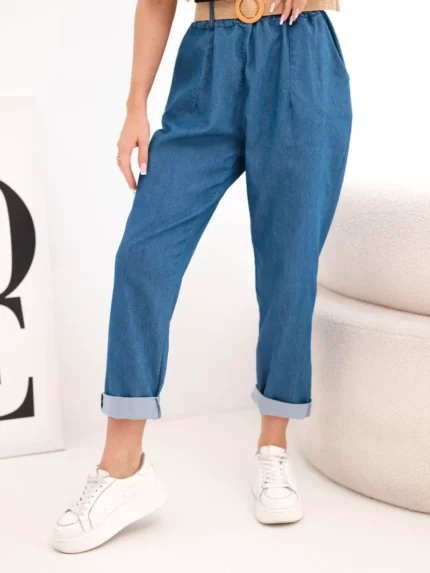 Spodnie damskie z podwijaną nogawką i paskiem ciemno jeansowe
