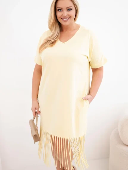 Sukienka damska bawełniana z dekoltem V i frędzlami Plus Size żółta