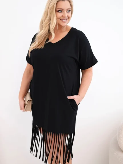 Sukienka damska bawełniana z dekoltem V i frędzlami Plus Size czarna