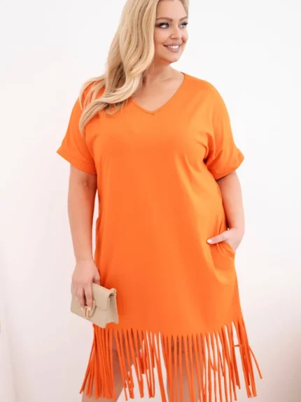 Sukienka damska bawełniana z dekoltem V i frędzlami Plus Size pomarańczowa