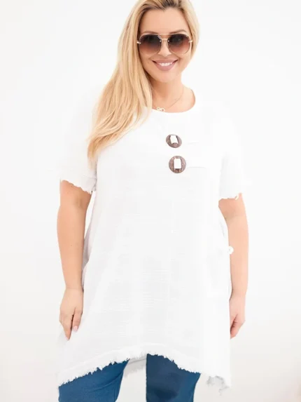 Sukienka damska bawełniana Plus Size z dłuższym tyłem i kieszenią biała