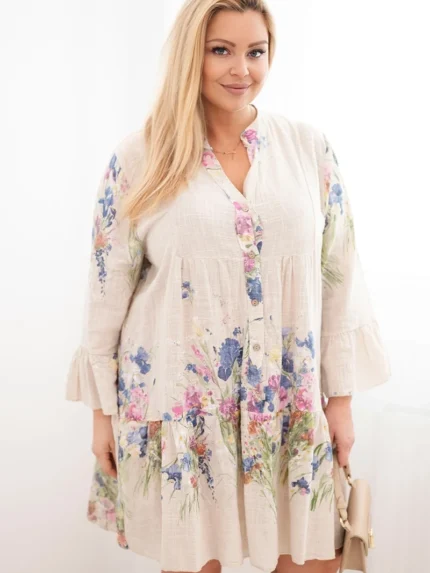 Sukienka damska bawełniana Plus Size z dekoltem V i guzikami kwiatowy wzór beżowa