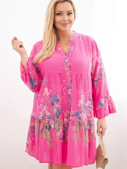 Sukienka damska bawełniana Plus Size z dekoltem V i guzikami kwiatowy wzór fuksja