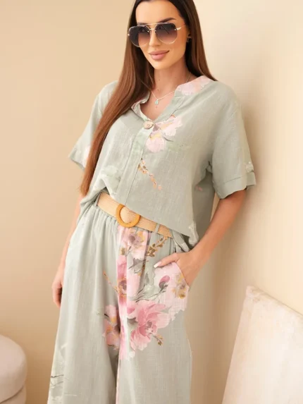 Komplet damski bawełniany z krótkim rękawem i szeroką nogawką khaki