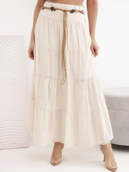 Spódnica damska maxi bawełniana z ażurowym haftem i elastycznym pasem beżowa