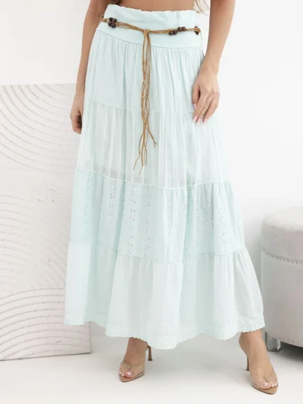 Spódnica damska maxi bawełniana z ażurowym haftem i elastycznym pasem miętowa