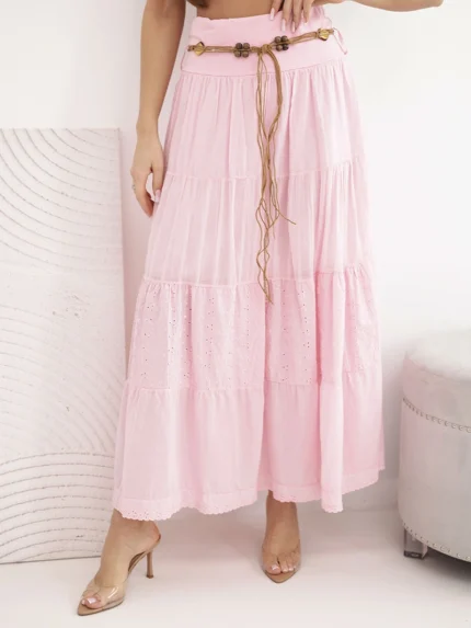 Spódnica damska maxi bawełniana z ażurowym haftem i elastycznym pasem cukierkowy róż