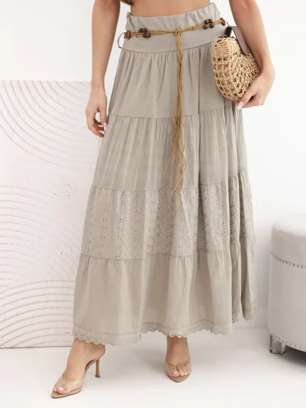 Spódnica damska maxi bawełniana z ażurowym haftem i elastycznym pasem fango
