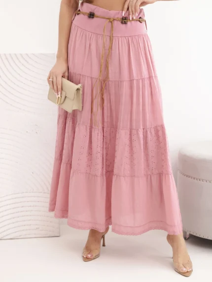 Spódnica damska maxi bawełniana z ażurowym haftem i elastycznym pasem ciemno różowa
