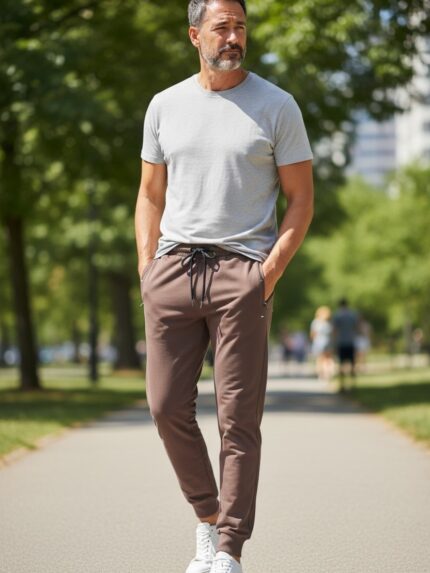 Spodnie dresowe męskie ze ściągaczem TP brązowe