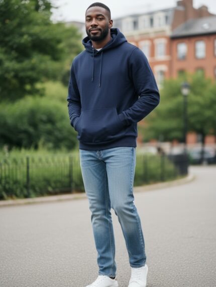 Bluza męska z kapturem typu kangurek cienka bawełniana granatowa