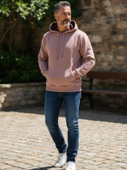 Bluza męska z kapturem typu kangurek cienka bawełniana beżowa