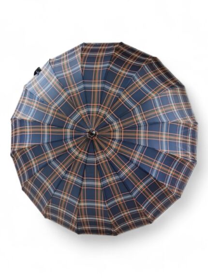 Długa parasolka damska granatowa w brązowo pomarańczową kratkę