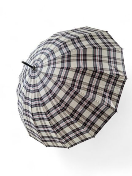 Długa parasolka damska kremowa w szaroczerwoną kratkę