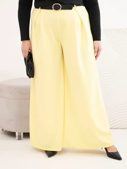 Spodnie damskie Plus Size z szeroką nogawką i paskiem żółte