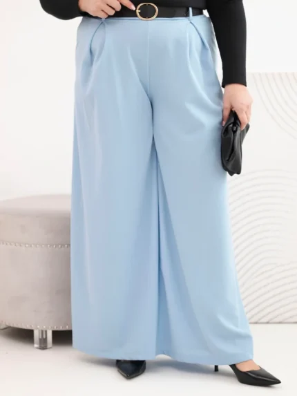 Spodnie damskie Plus Size z szeroką nogawką i paskiem niebieskie