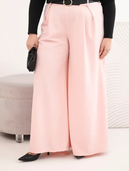 Spodnie damskie Plus Size z szeroką nogawką i paskiem pudrowy róż