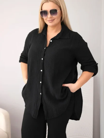 Komplet damski muślinowy Plus Size z koszulą zapinaną na guziki i spodniami z szeroką nogawką czarny