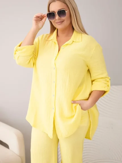 Komplet damski muślinowy Plus Size z koszulą zapinaną na guziki i spodniami z szeroką nogawką żółty