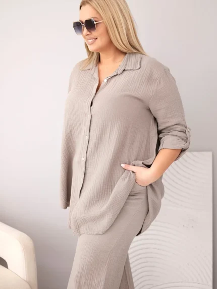 Komplet damski muślinowy Plus Size z koszulą zapinaną na guziki i spodniami z szeroką nogawką fango