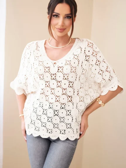 Sweter damski oversize bawełniany ażurowy z krótkim rękawem beżowy