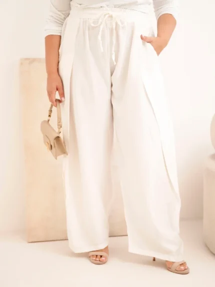 Spodnie damskie bawełniane Plus Size z gumką w pasie ecru