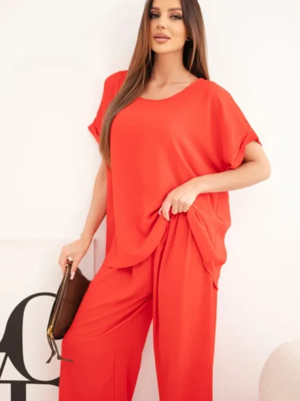 Komplet damski Plus Size bluzka i spodnie z szeroką nogawką czerwony
