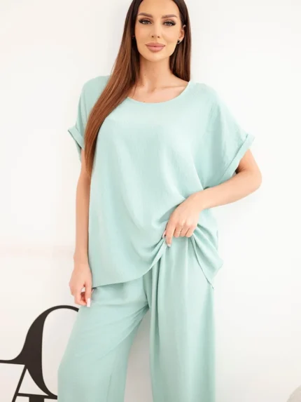 Komplet damski Plus Size bluzka i spodnie z szeroką nogawką ciemny miętowy
