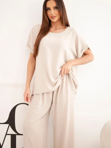 Komplet damski Plus Size bluzka i spodnie z szeroką nogawką beżowy