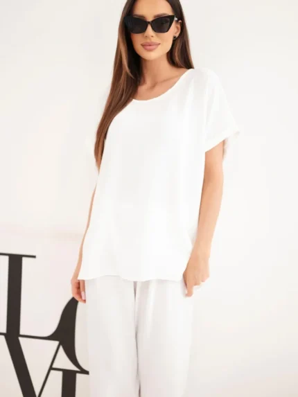 Komplet damski Plus Size bluzka i spodnie z szeroką nogawką ecru