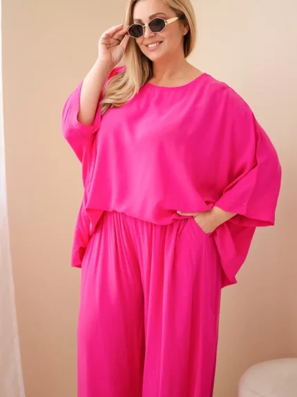 Komplet damski Plus Size wiskozowy z szerokimi spodniami i bluzką fuksja
