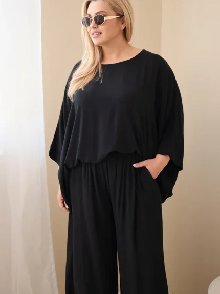 Komplet damski Plus Size wiskozowy z szerokimi spodniami i bluzką czarny