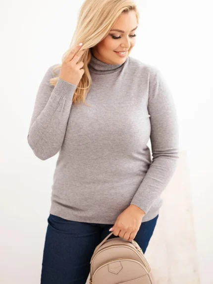 Sweter damski wiskozowy Plus Size z golfem o klasycznym kroju szary