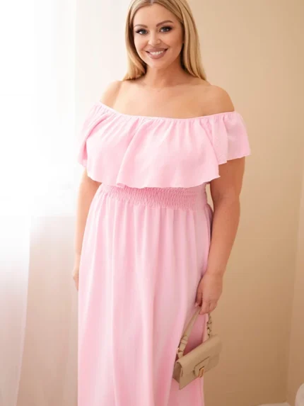 Sukienka damska Plus Size z falbaną i elastyczną talią cukierkowy róż