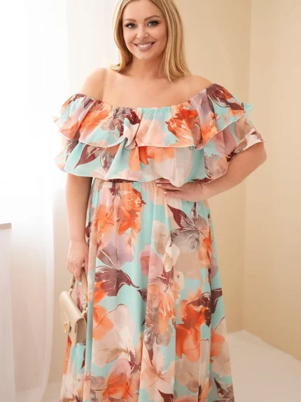 Sukienka damska wiskozowa Plus Size z falbaną hiszpanka i elastyczną talią maxi miętowa
