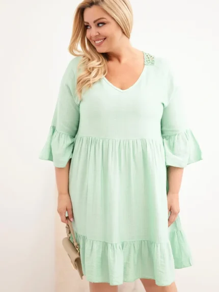 Sukienka damska Plus Size wiskozowa z ażurowym zdobieniem ciemno miętowa