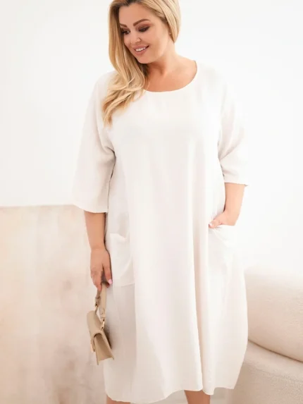 Sukienka damska Plus Size wiskozowa z kieszeniami krótki rękaw beżowa