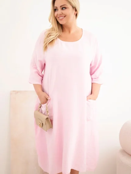 Sukienka damska Plus Size wiskozowa z kieszeniami krótki rękaw cukierkowy róż