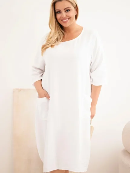 Sukienka damska Plus Size wiskozowa z kieszeniami krótki rękaw biała