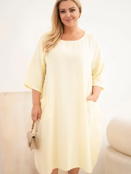Sukienka damska Plus Size wiskozowa z kieszeniami krótki rękaw żółta