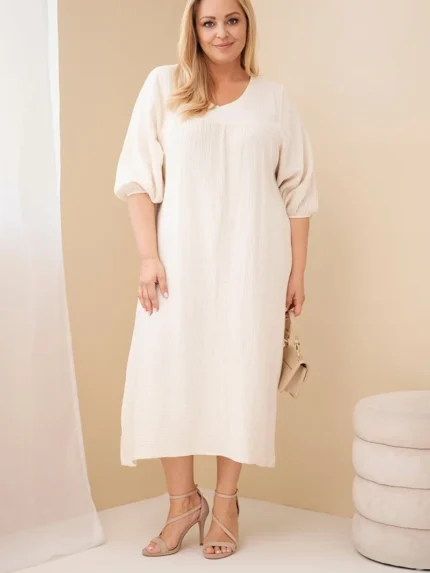 Sukienka damska Plus Size bawełniana muślinowa z dekoltem V beżowa