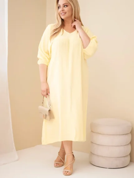 Sukienka damska Plus Size bawełniana muślinowa z dekoltem V żółta