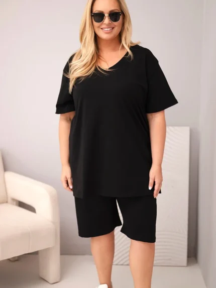 Komplet damski bawełniany Plus Size z bluzką i spodenkami czarny