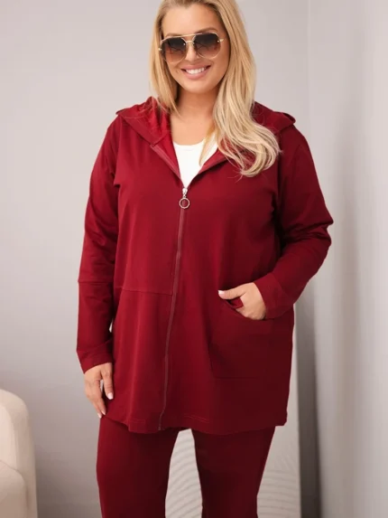 Komplet damski bawełniany Plus Size z bluzą i spodniami bordowy