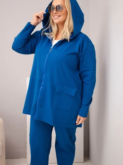 Komplet damski bawełniany Plus Size z bluzą i spodniami chabrowy